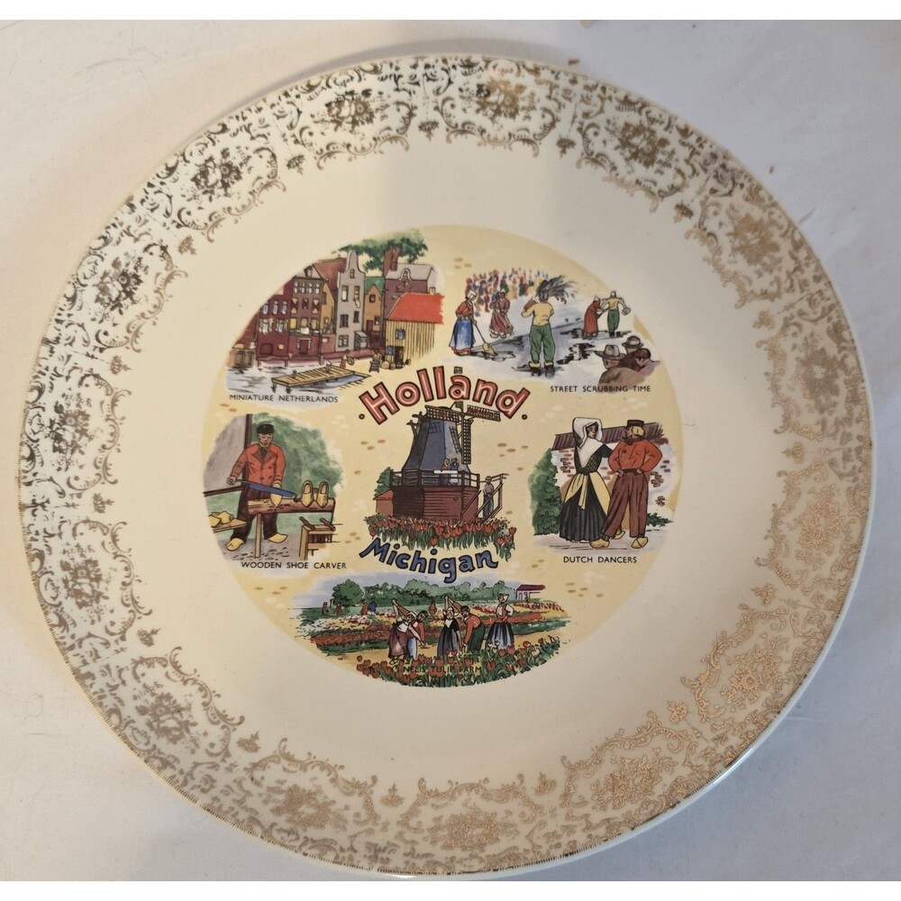 HOLLAND MICHIGAN STATE SOUVENIR 9" PLATE-DUTCH DANCERS-WOODEN SHOE CARVER